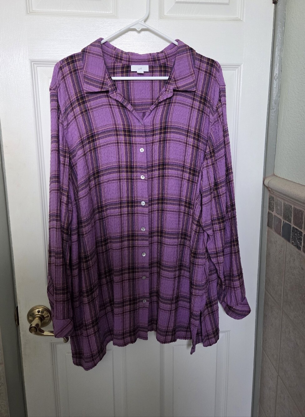 J. Jill Purple Crinkled Plaid Button-Front Shirt Fall Boho Casual Outdoor 2X